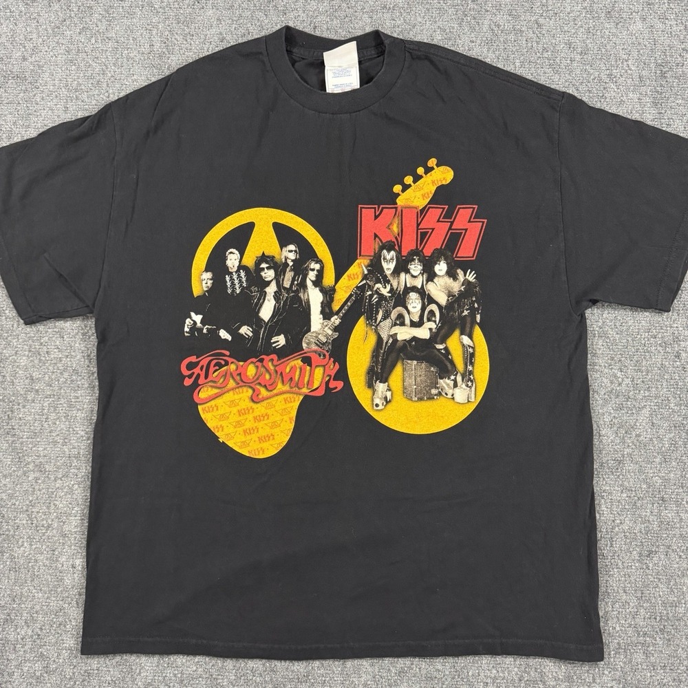 Kiss Aerosmith Tour T Shirt XL Black 2003 2004 Y2K Rock Band Double Sided VTG